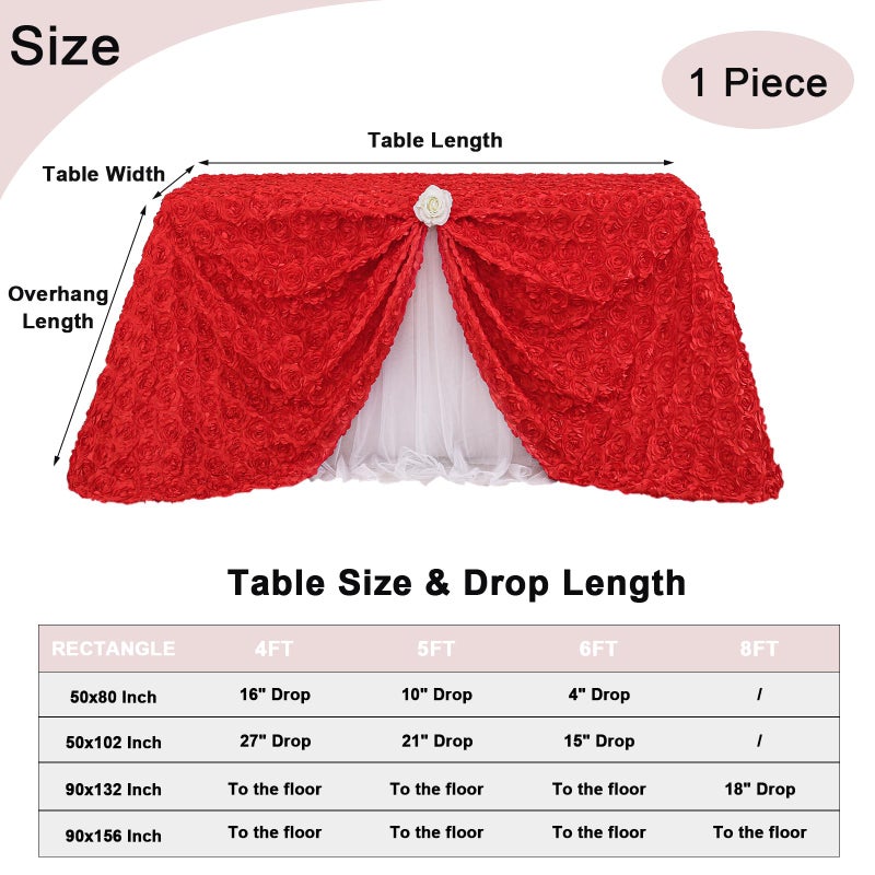 FanQiSi Red Flower Tablecloth 50x80 Inches Rosette Tablecloth Elegant Floral Satin Table Cover for Wedding Birthday Party Decorations - Image 4